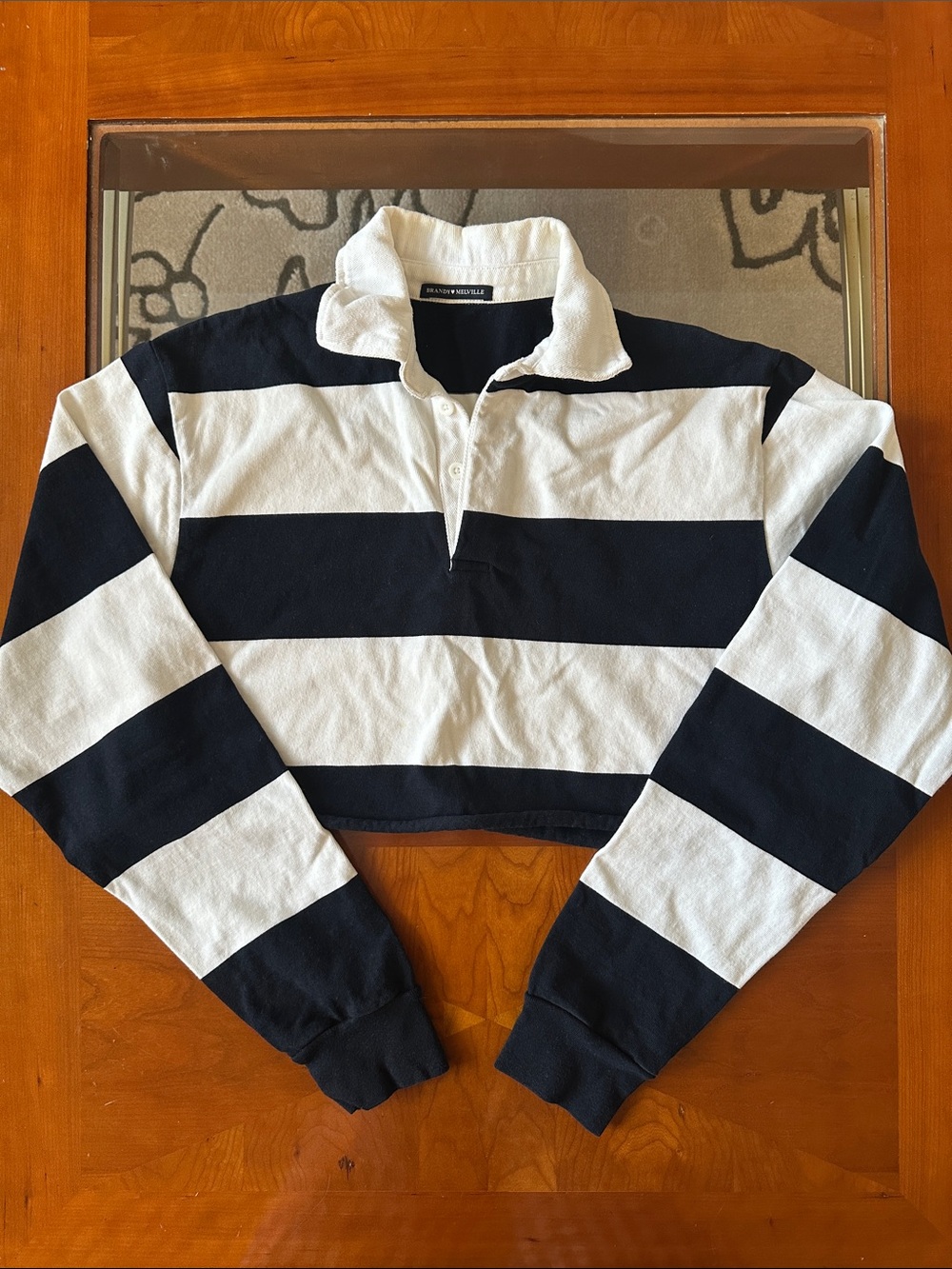 Brandy Melville Dark Navy and White Cropped Rugby Pullover